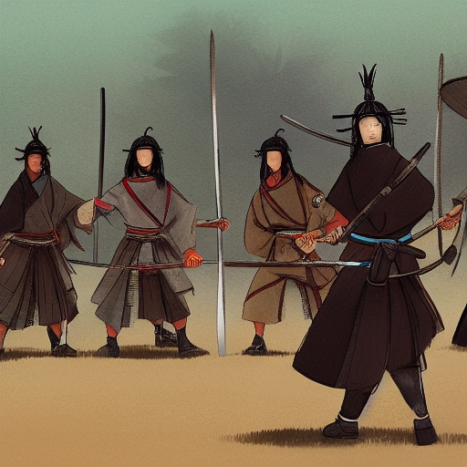 The samurais teaching the villagers how to hold a sword, with dust rising from the ground as they practice.